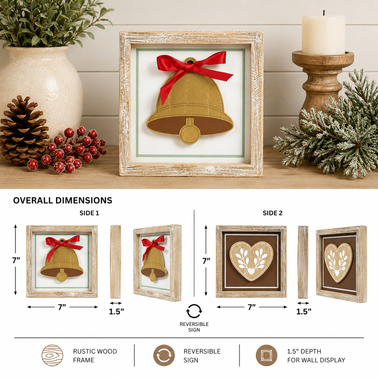 7" Reversible Wood Framed Sign - Bell/Heart | Multicolor