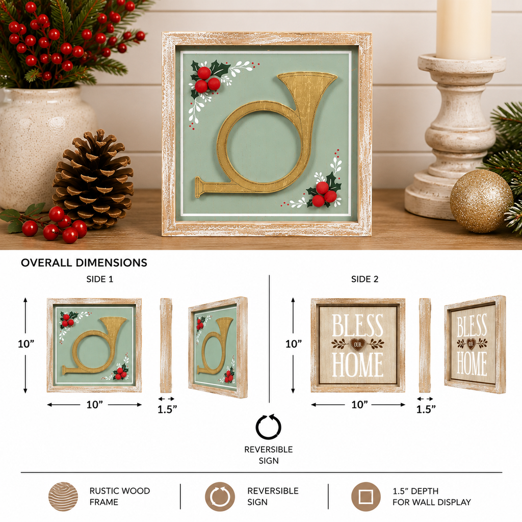 10" Reversible Wood Framed Sign - Horn/Bless Our Home | Multicolor