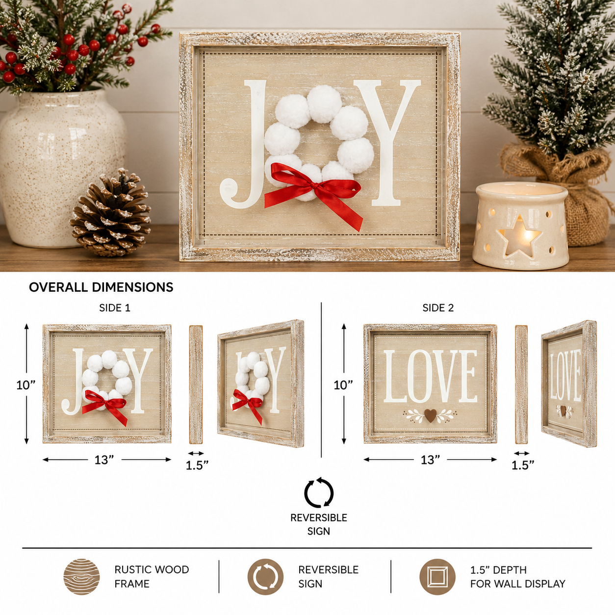 13" x 10" Reversible Wood Framed Sign - Joy/Love | Multicolor