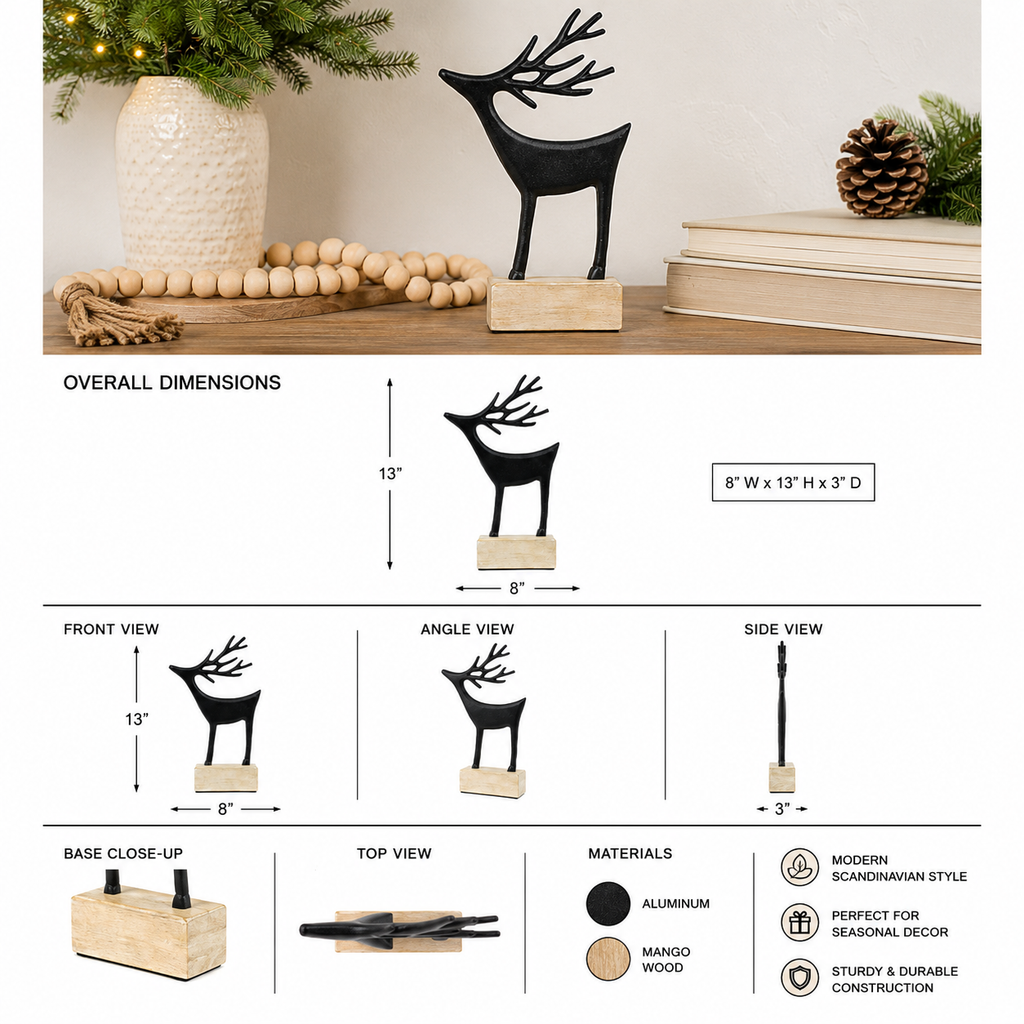 13" Aluminum and Mango Wood Cutout on Stand - Reindeer