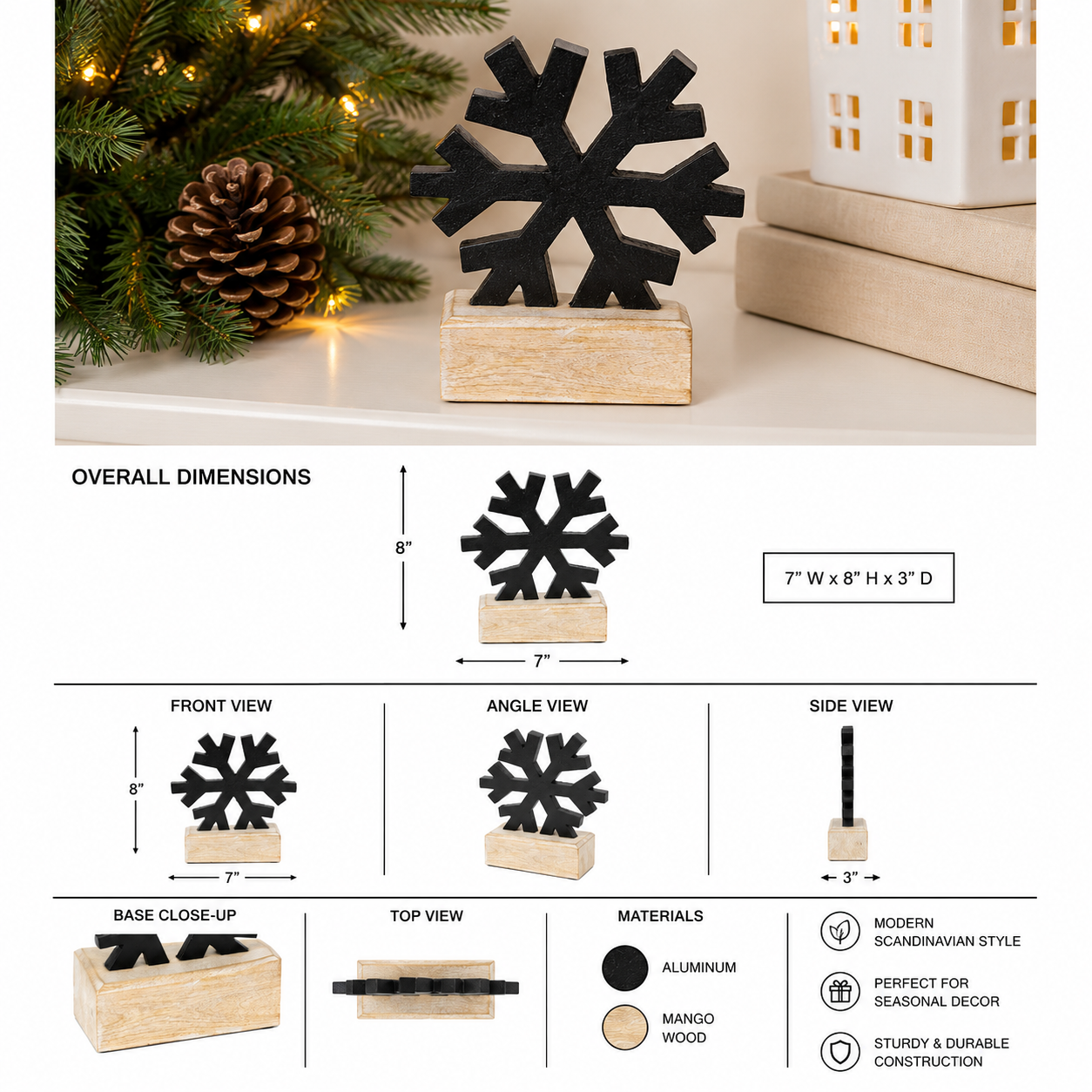 8" Aluminum and Mango Wood Cutout on Stand - Snowflake