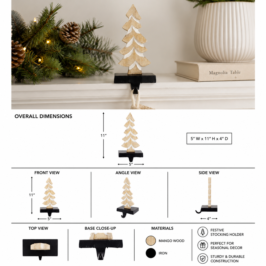 11" Mango Wood Stocking Holder - Tree | Natural