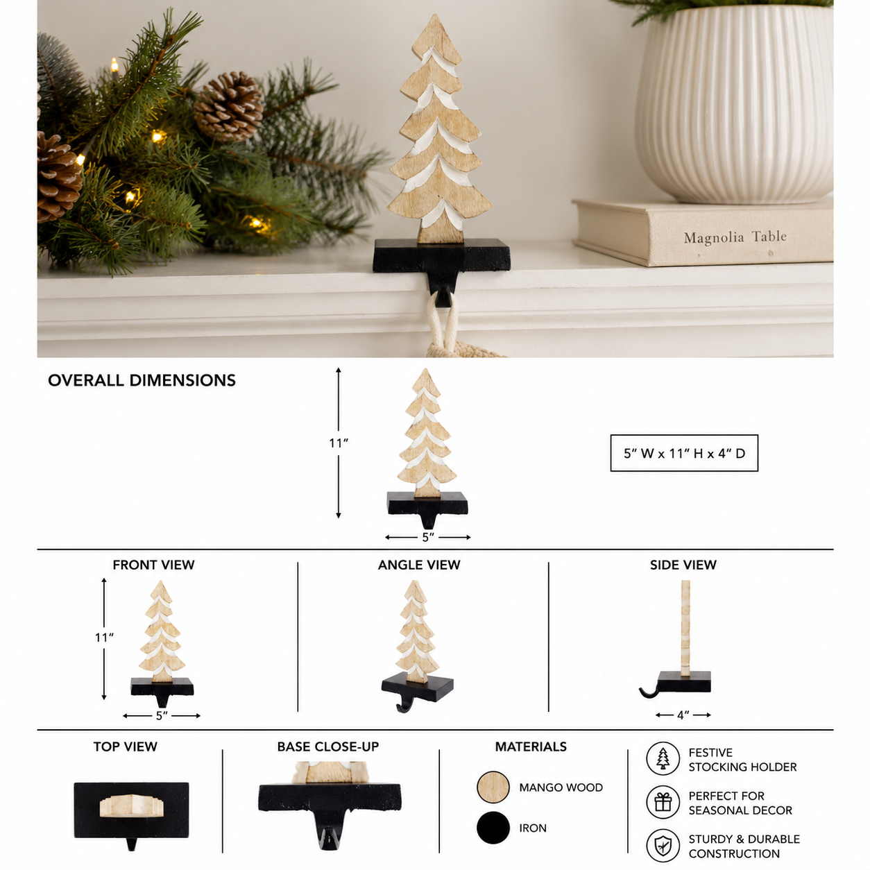 11" Mango Wood Stocking Holder - Tree | Natural