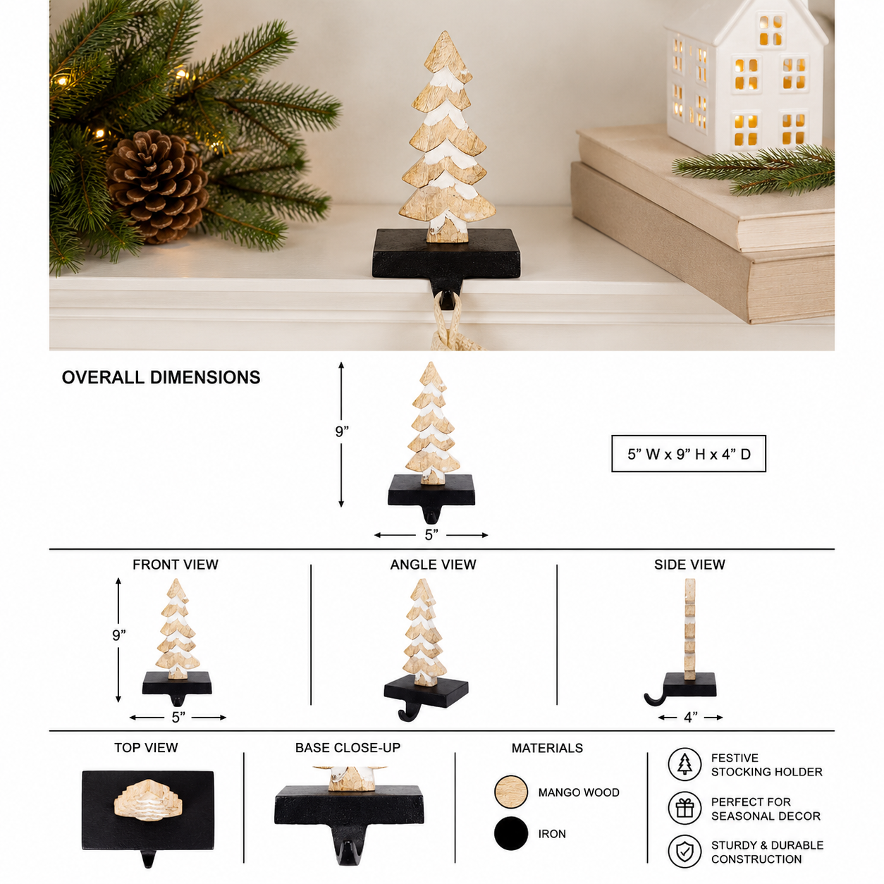 9" Mango Wood Stocking Holder - Tree | Natural