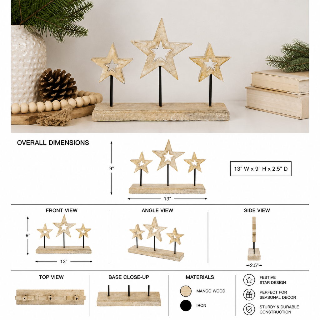 12.5" Mango Wood Stars Cutout on Stand - Natural White