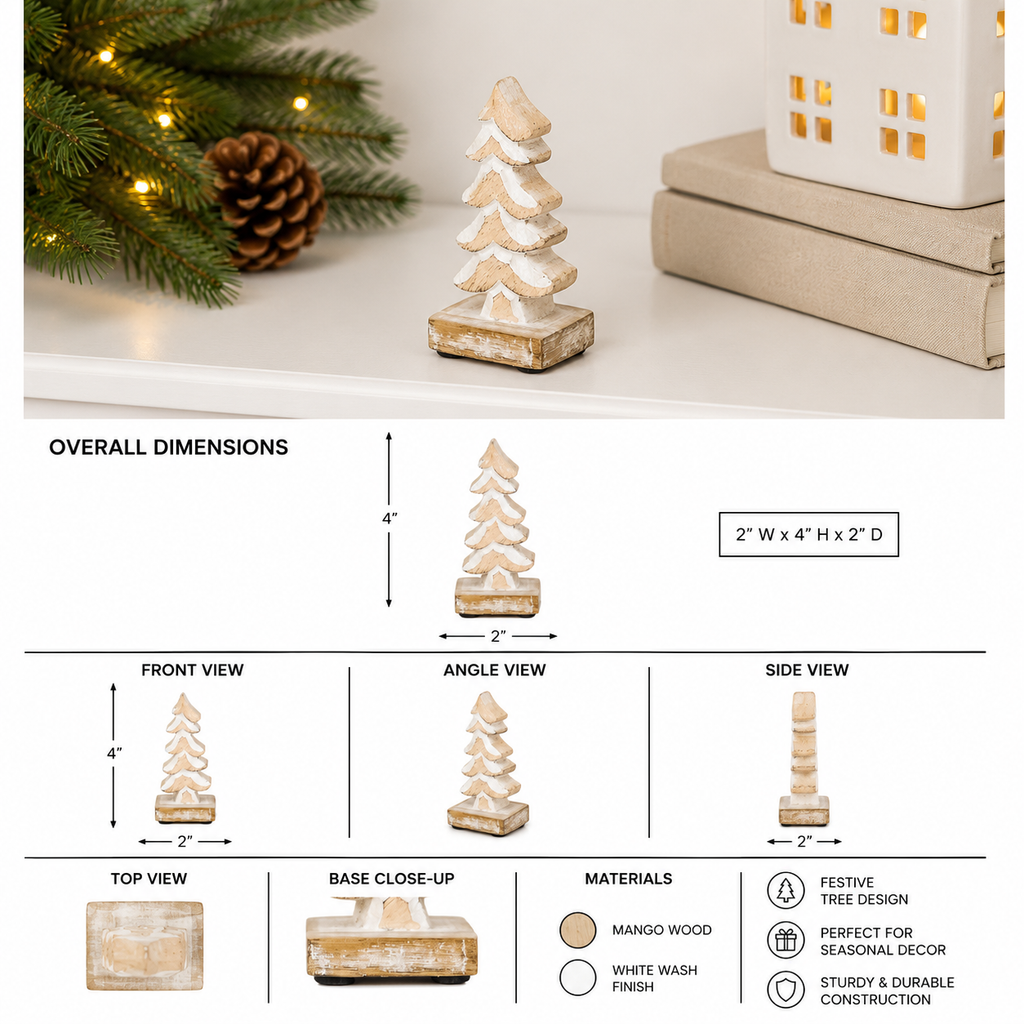 4" Mango Wood Cutout on Stand - Tree | Natural and White