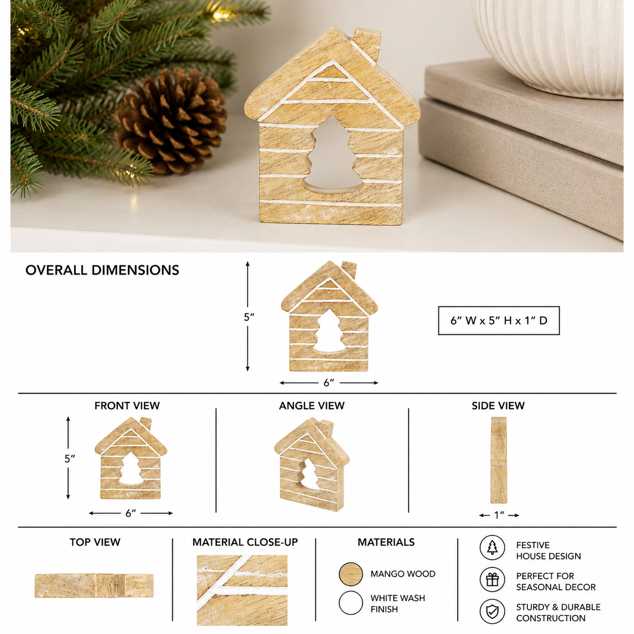 6" Mango Wood Cutout - House