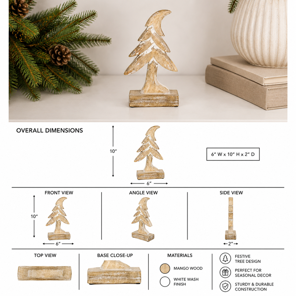 16" Mango Wood Tree Cutout on Stand - White Washed