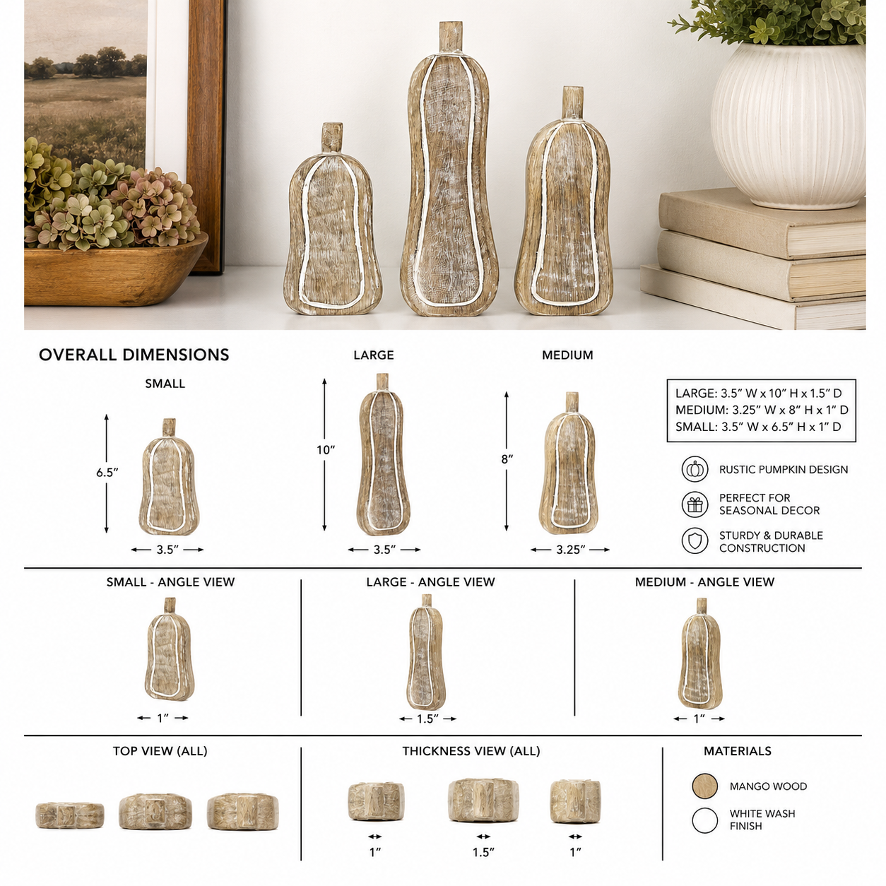 Mango Wood Pumpkin Cutout Set - Natural White (Set of 3)