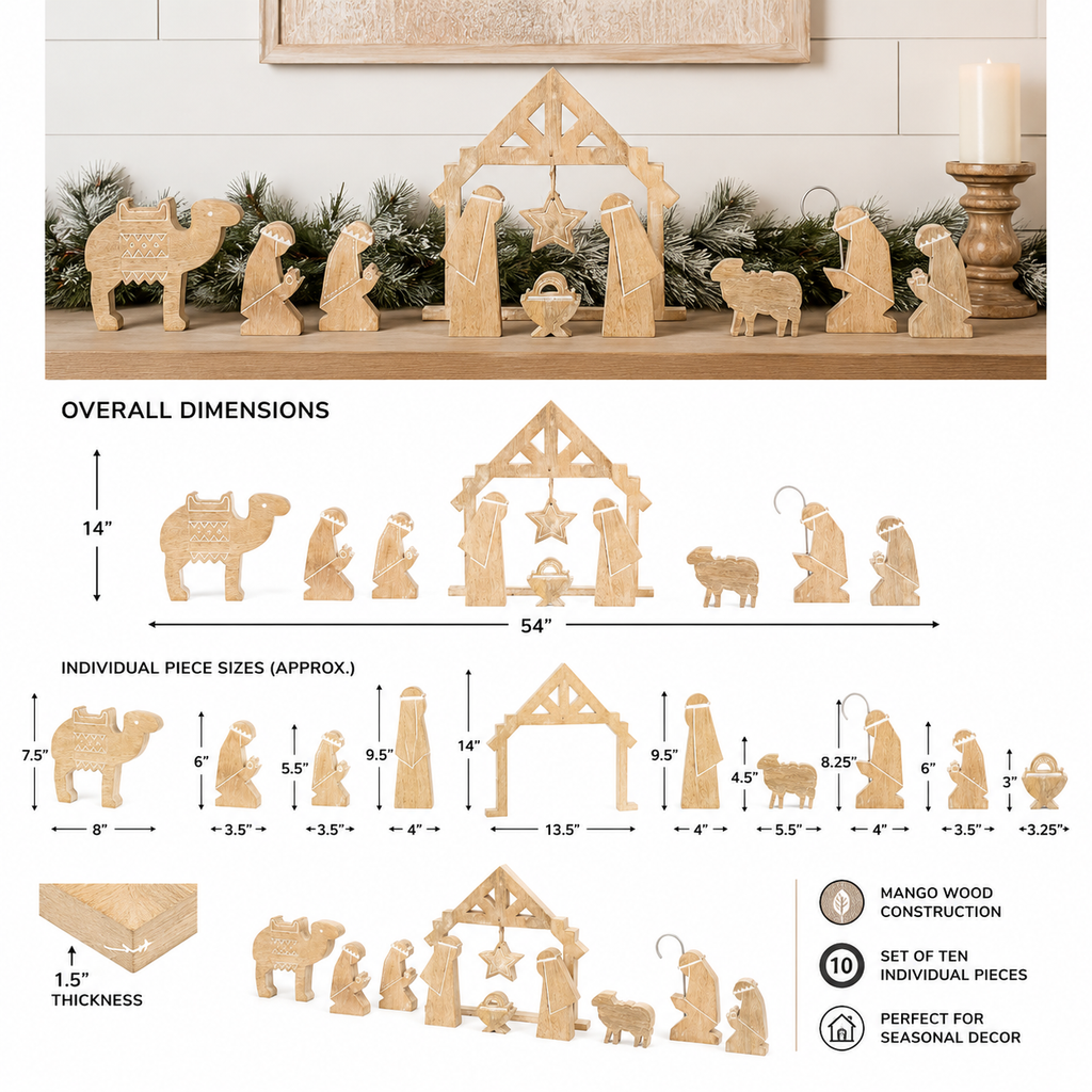 Mango Wood Nativity Cutout Set - Natural and White (Set of 10)