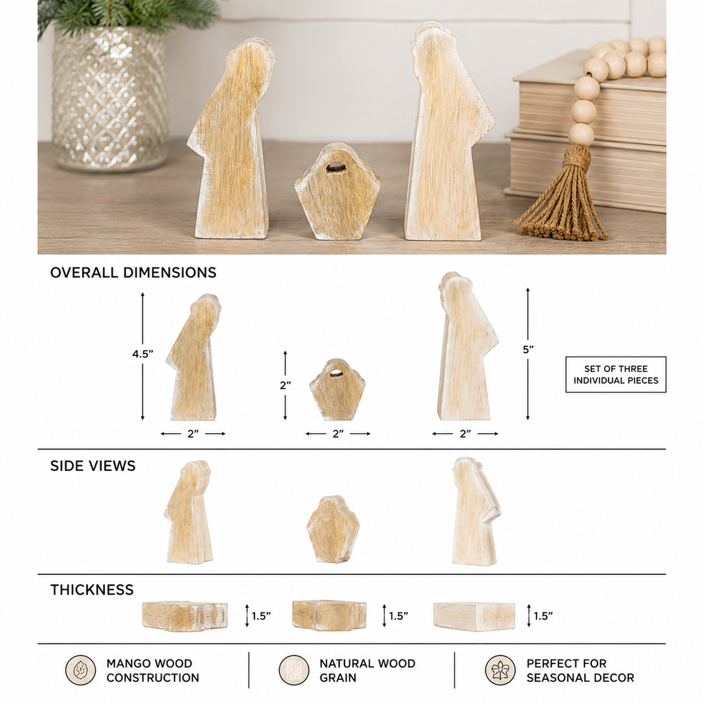 5" Mango Wood Cutout Set - Nativity (Set of 3)
