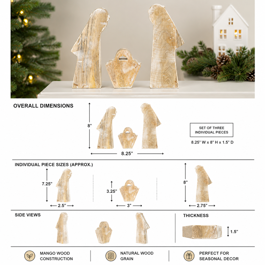 8" Mango Wood Cutout Set - Nativity (Set of 3)