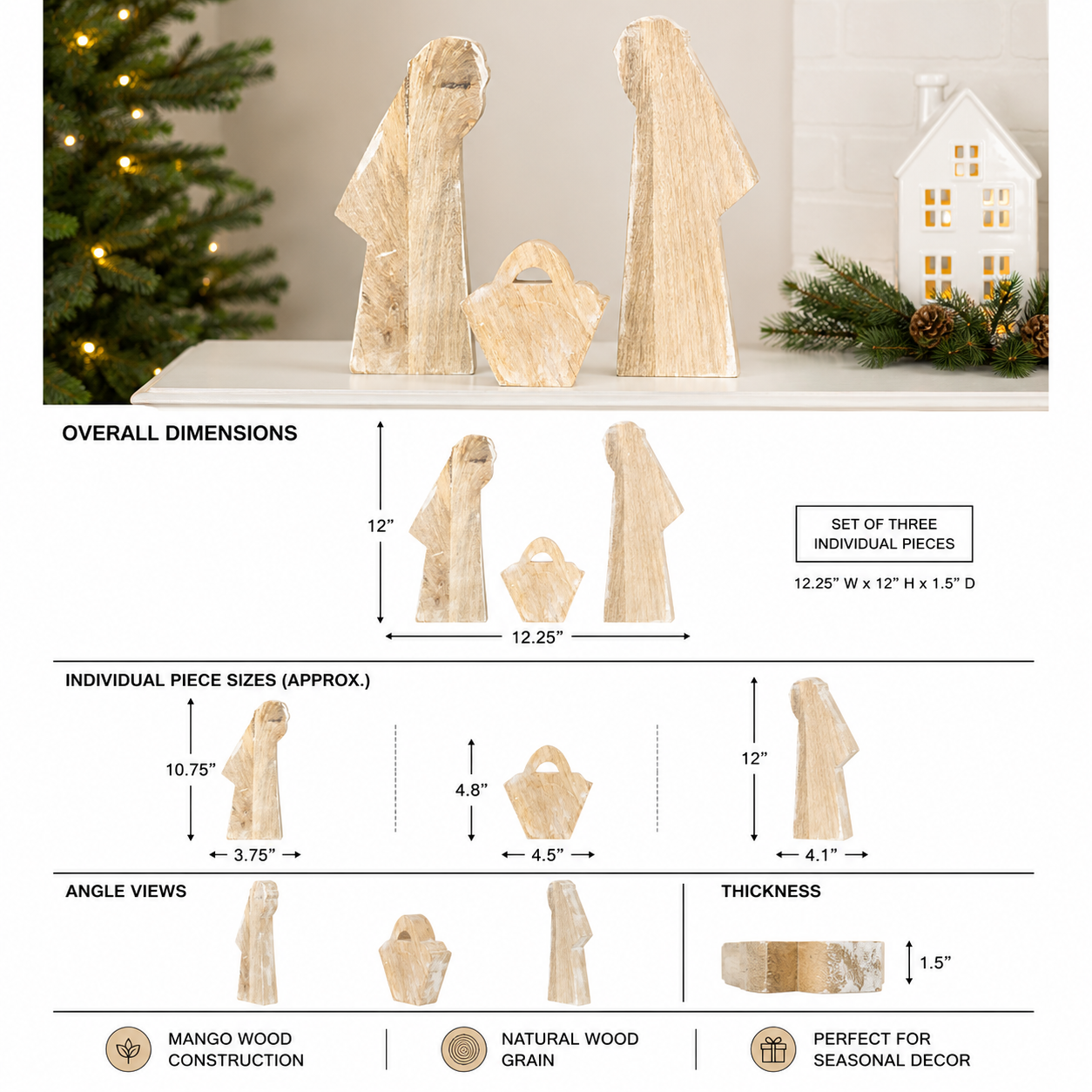 12" Mango Wood Cutout Nativity Set - Natural and White (Set of 3)