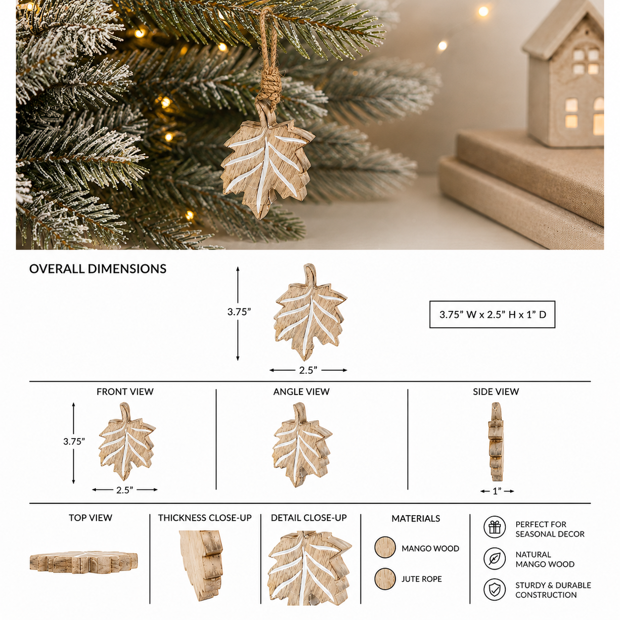 3.75" Mango Wood Cutout Ornament - White Washed