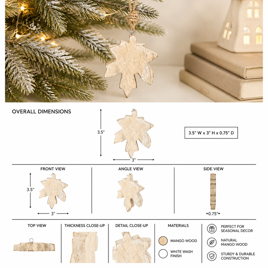 3.5" Mango Wood Cutout Leaf Ornament