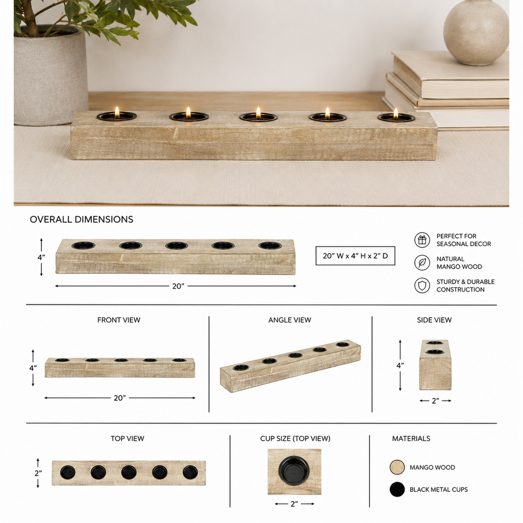 20" Mango Wood Tea Light Holder - Natural