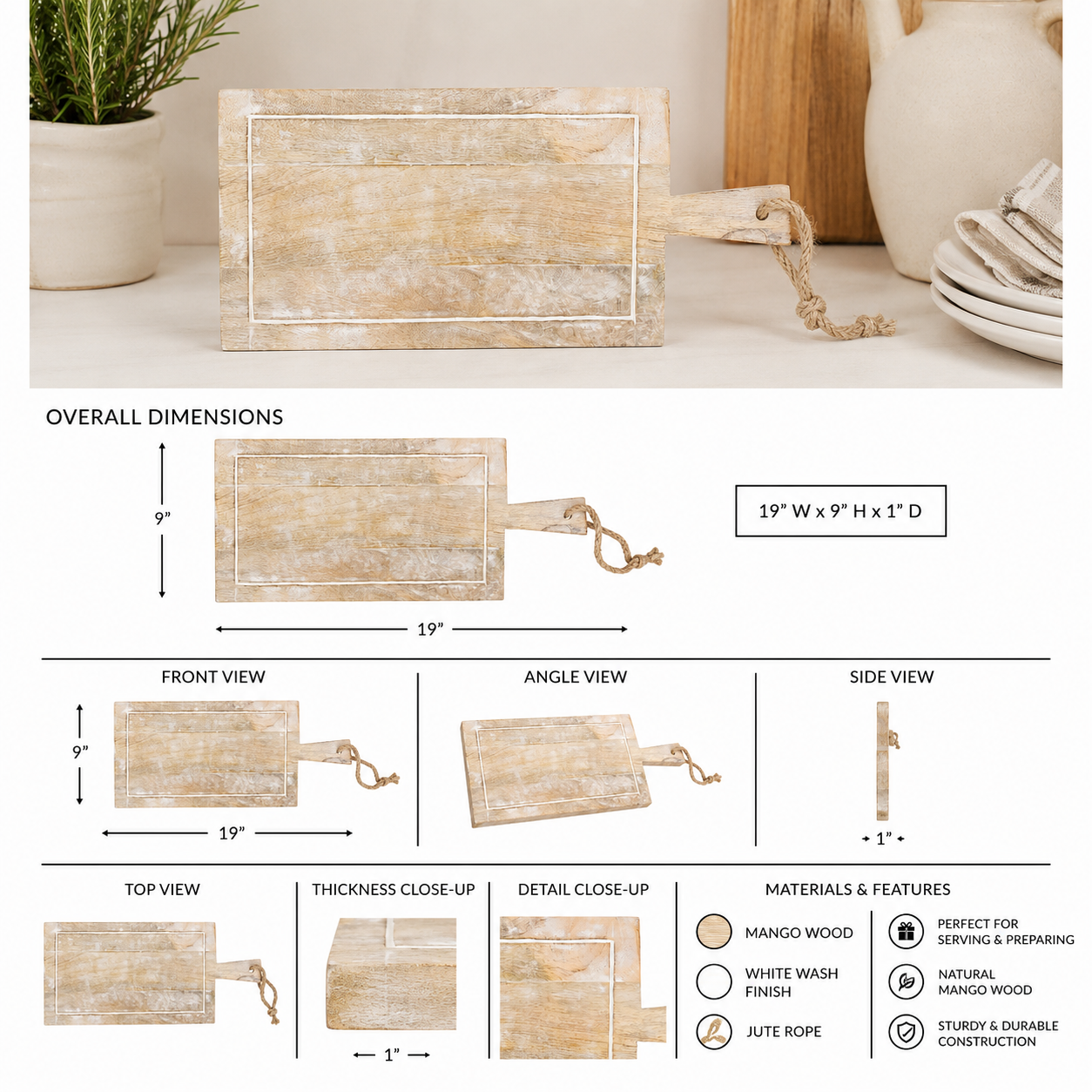 19" Mango Wood Cutting Board - Natural White