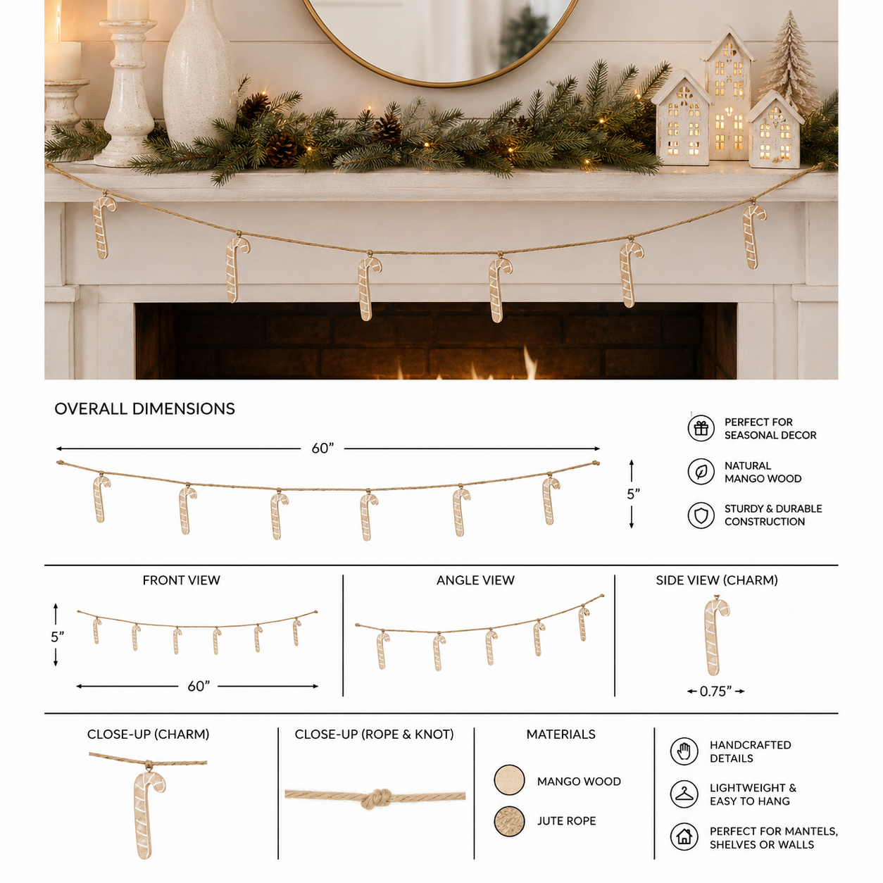 60" Mango Wood Candy Cane Garland - Natural White