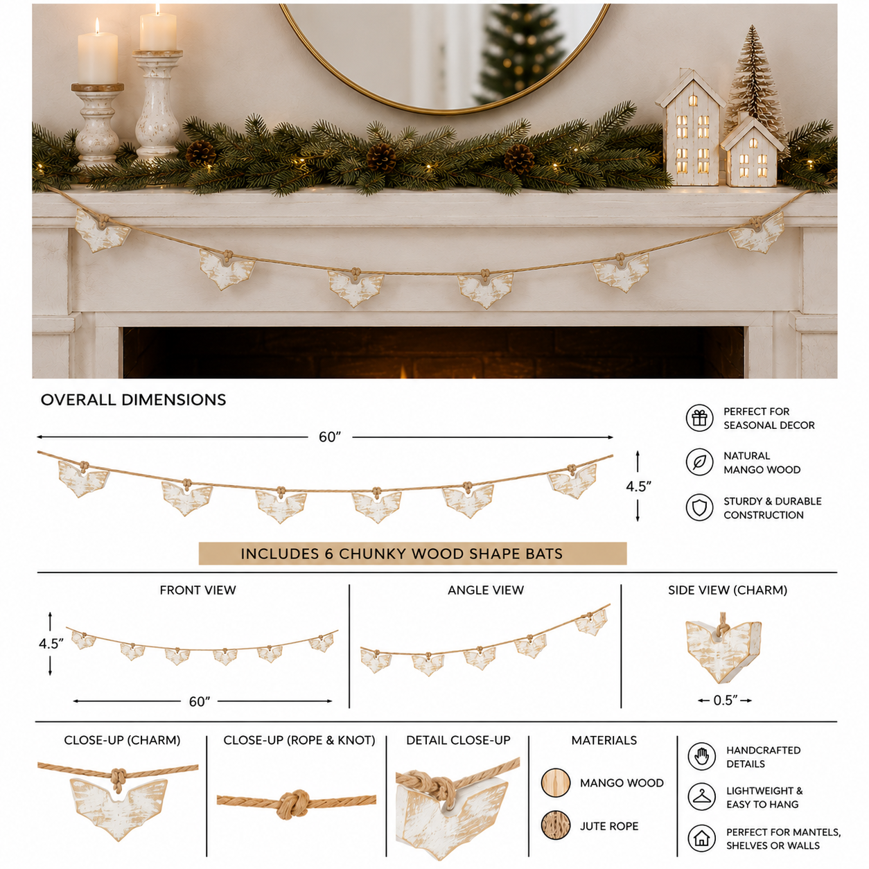 60" Mango Wood Bat Garland - Natural (6 Bats)