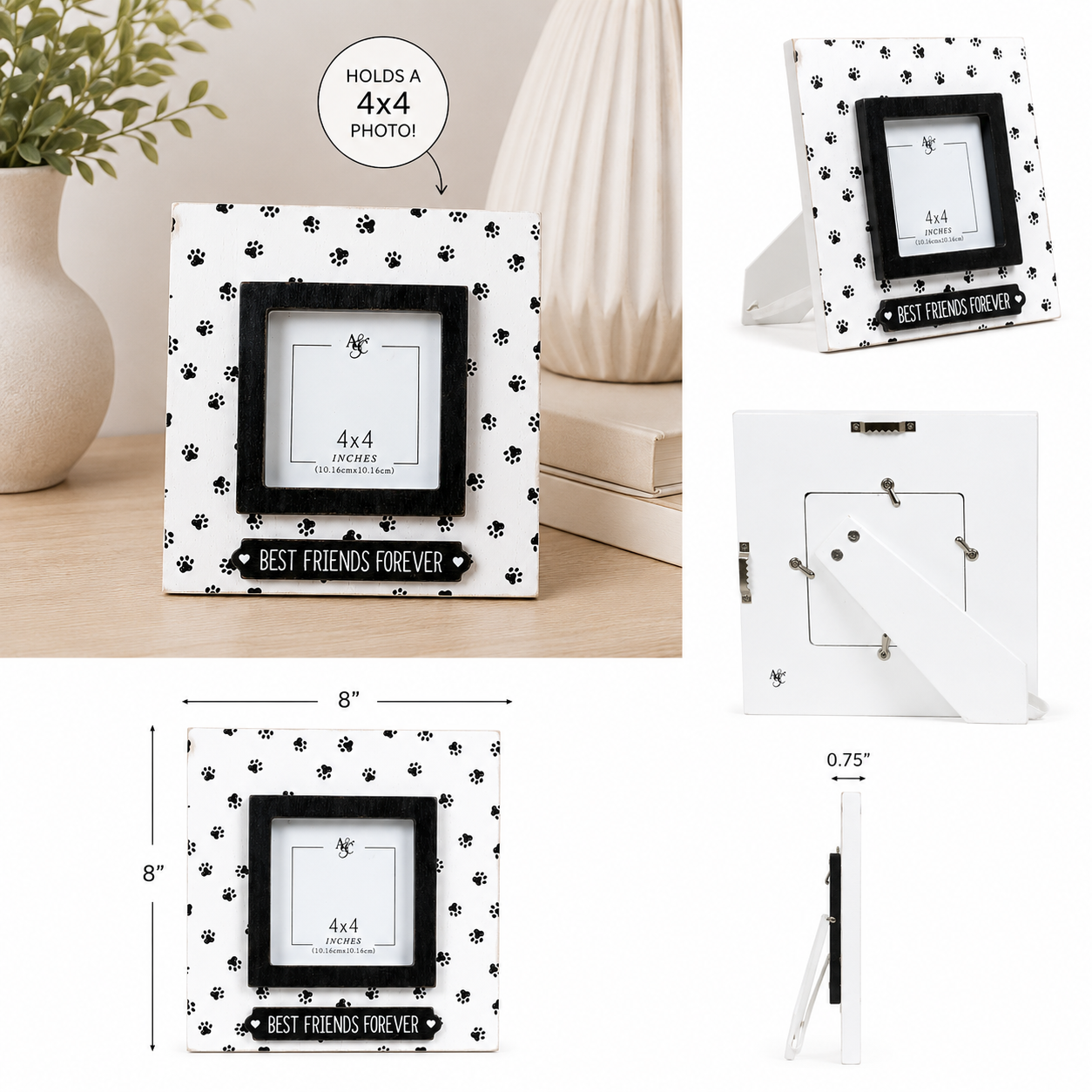 8" x 8" Wood Picture Frame - Best Friends Forever | Fur Babies Collection | Holds 4x4 Photo