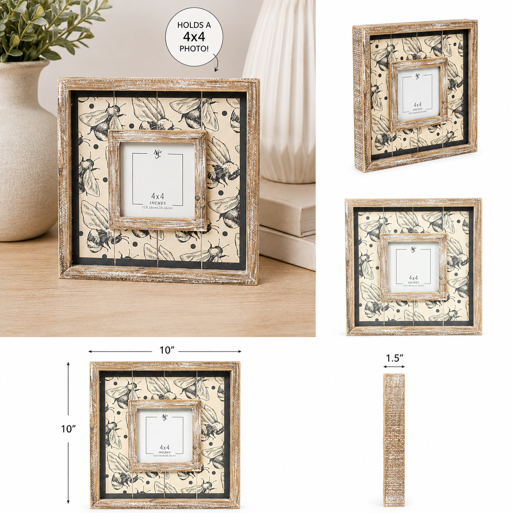 10" Wood Picture Frame - Bee | Gray and Tan | Holds 4x4 Photo