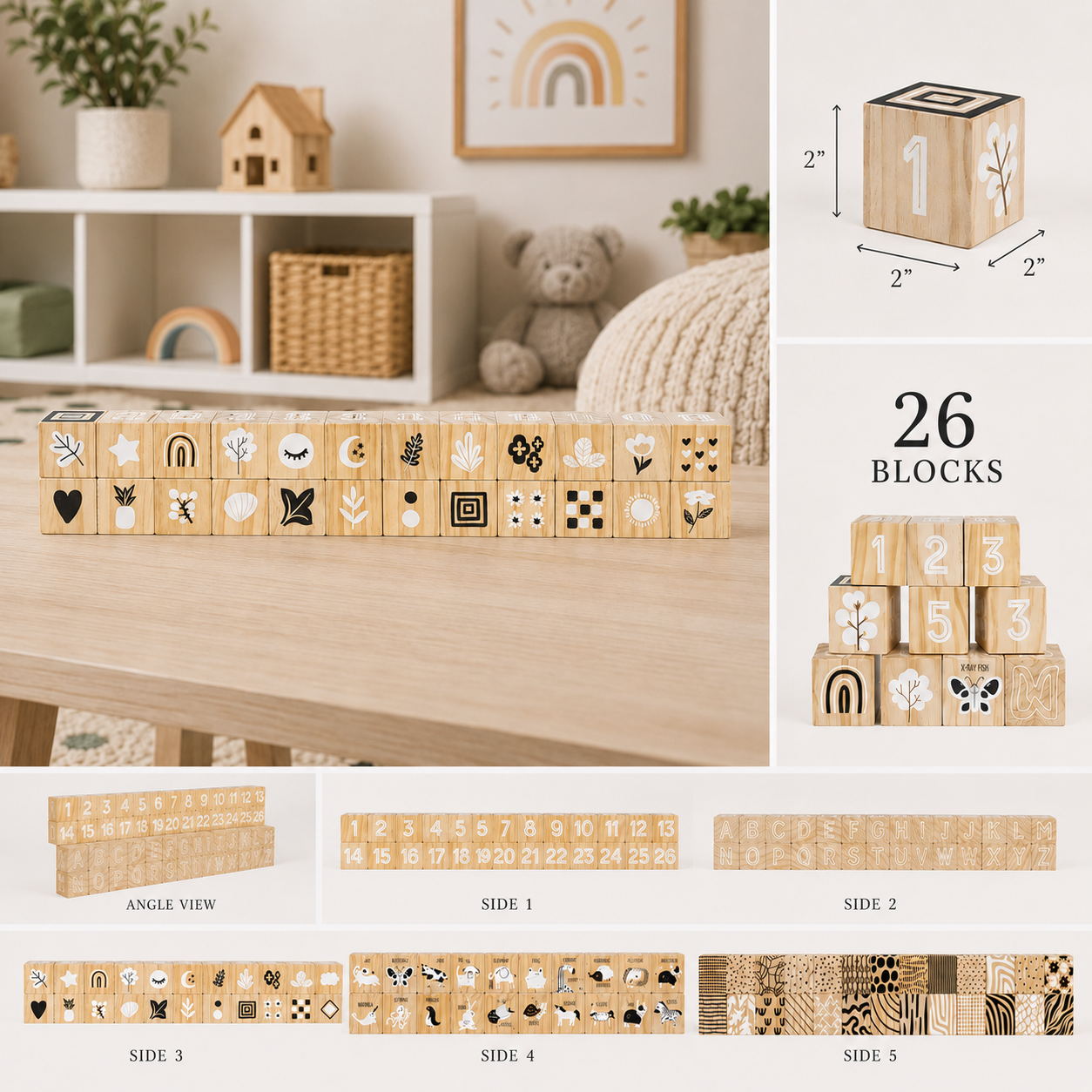 2" Wood Alphabet Block Set of 26 - Multicolor
