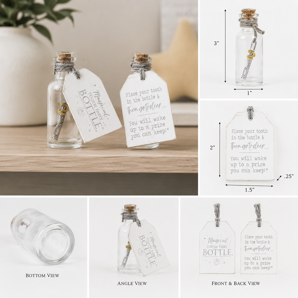 3" Wood Tag & Container - Tooth Fairy Bottle | White and Grey