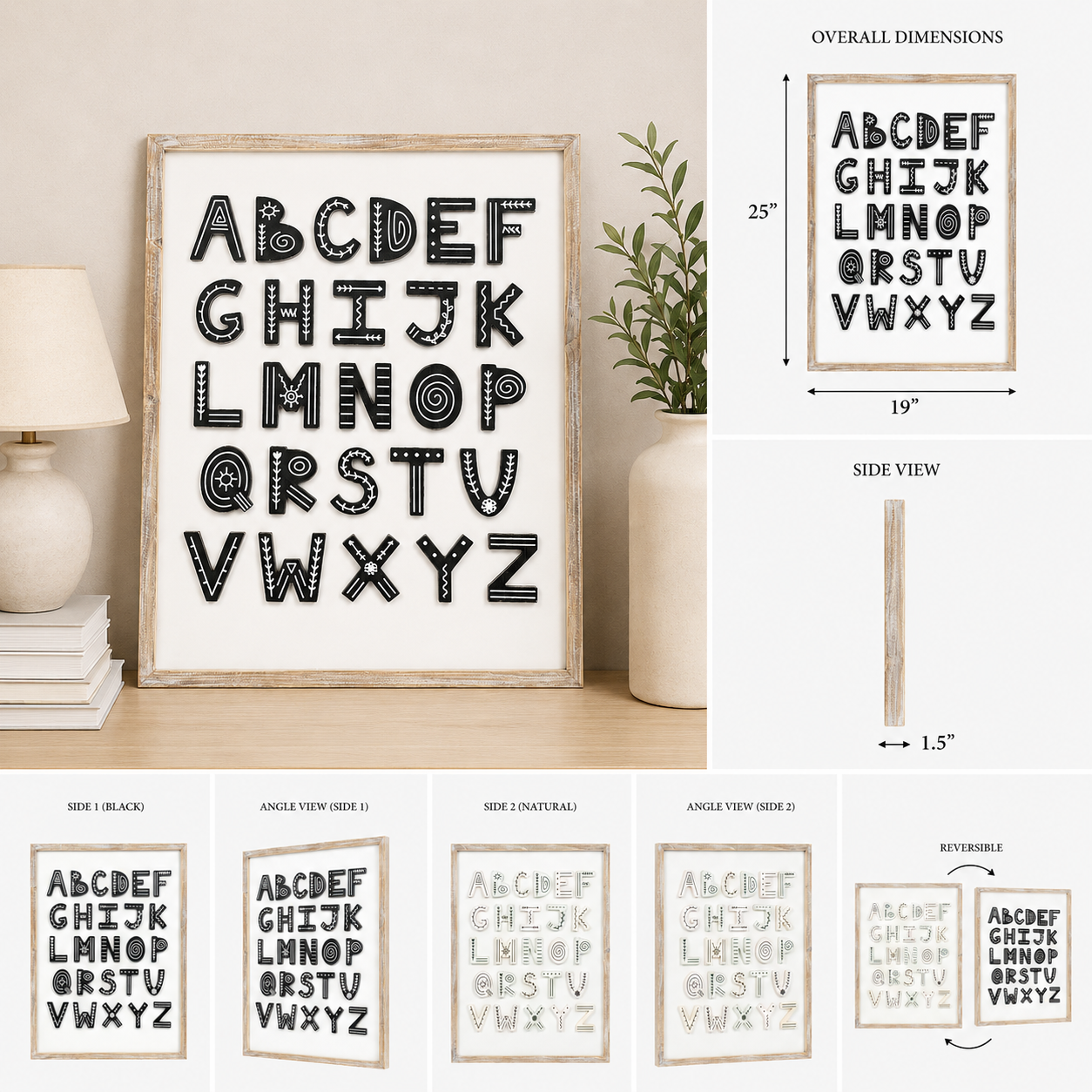 19" x 25" Reversible Wood Framed Wall Art - Alphabet | Multicolor