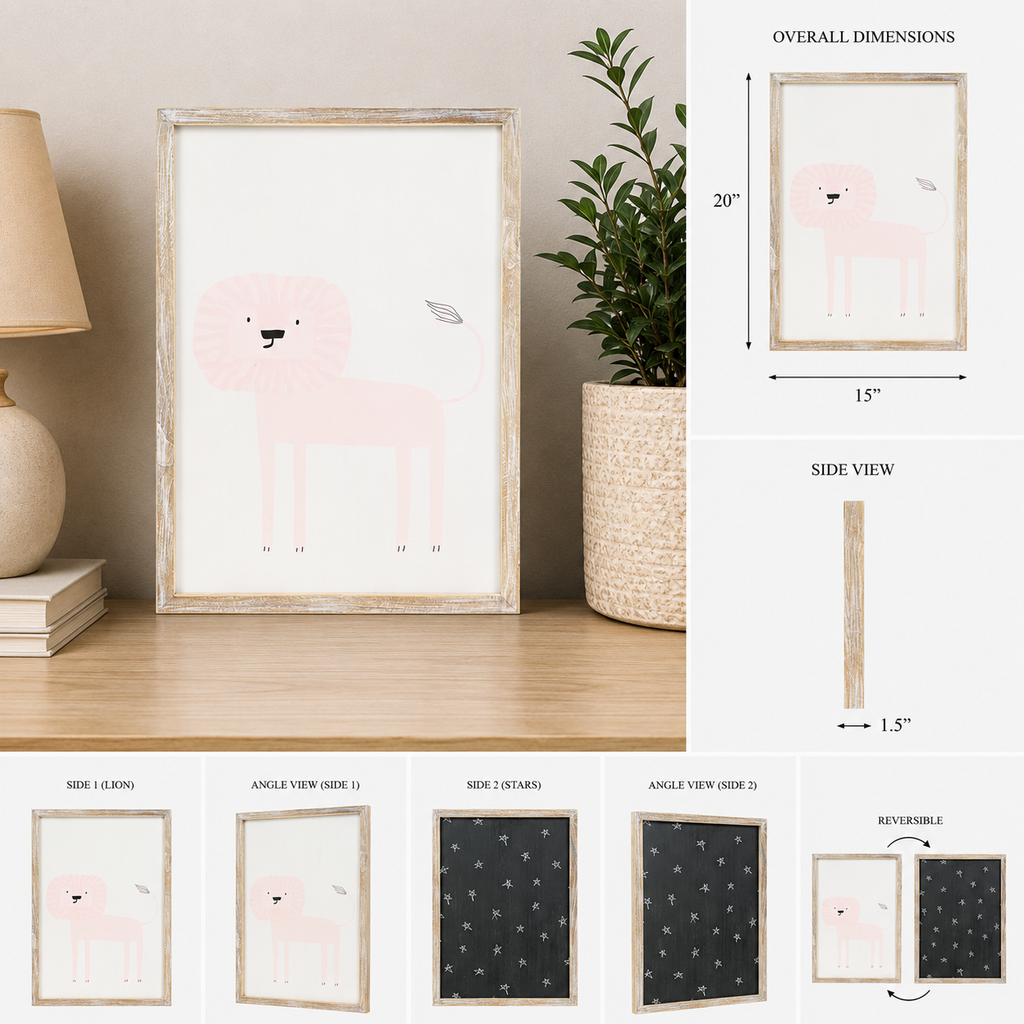 15" x 20" Reversible Wood Framed Wall Art - Lion/Stars | Multicolor