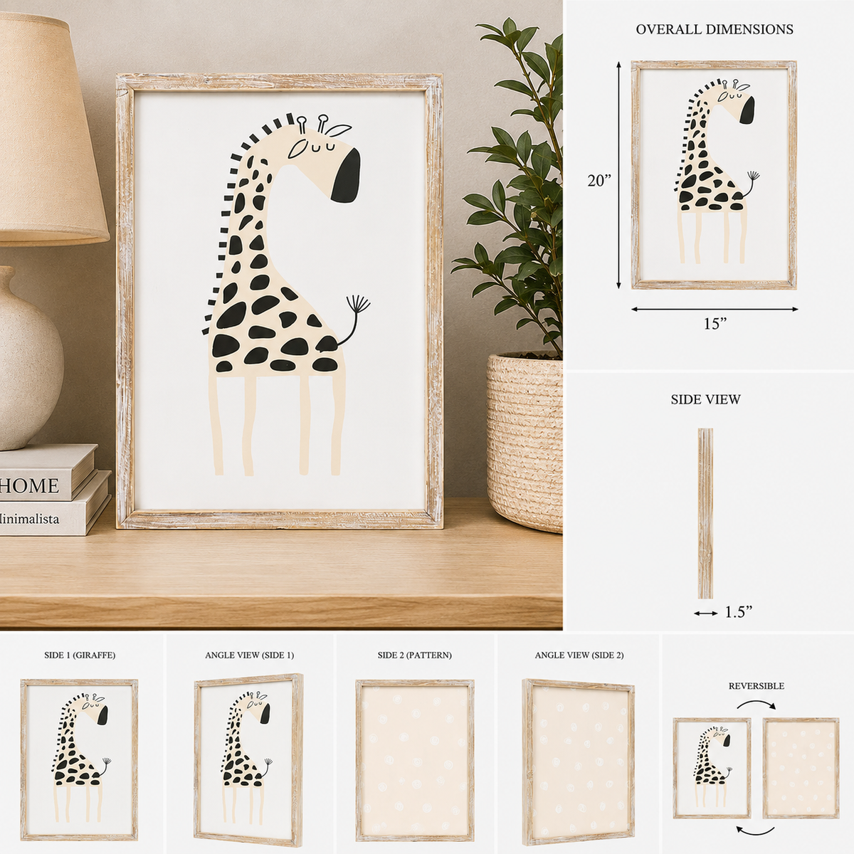 15" x 20" Reversible Wood Framed Wall Art - Giraffe