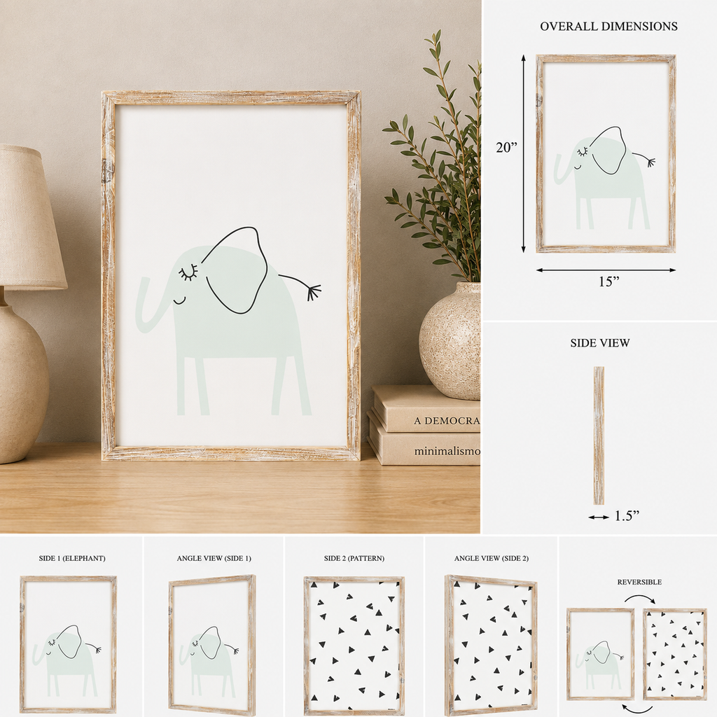 15" x 20" Reversible Wood Framed Wall Art - Elephant | White, Black and Blue
