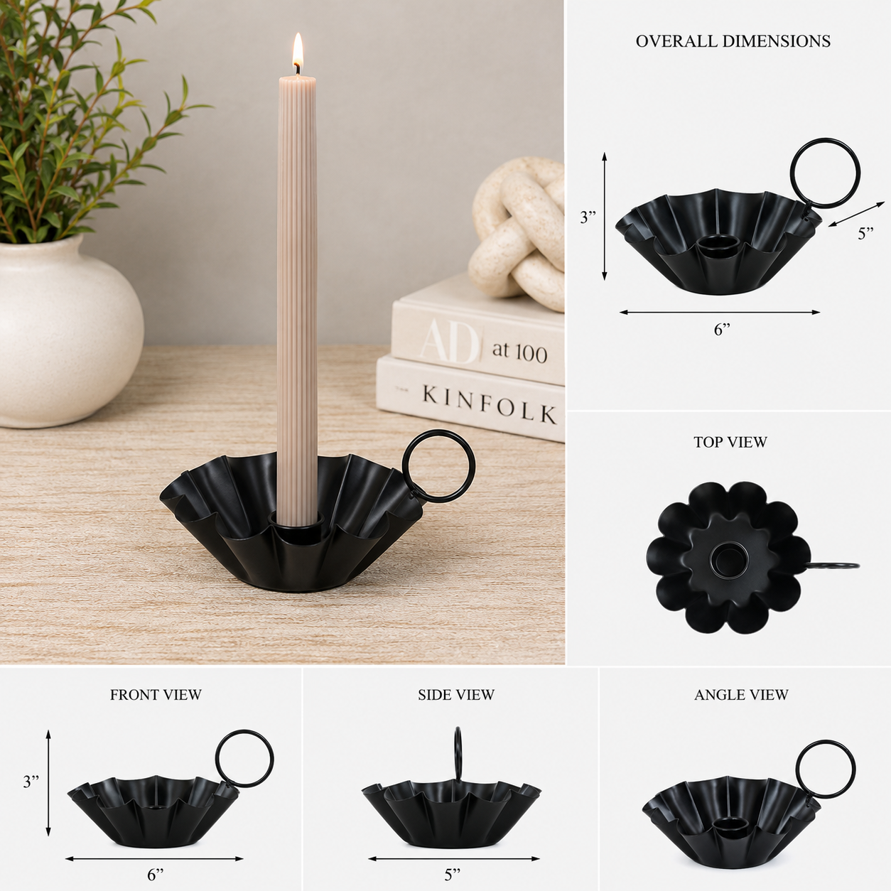 6" Iron Sampat Candle Holder - Black