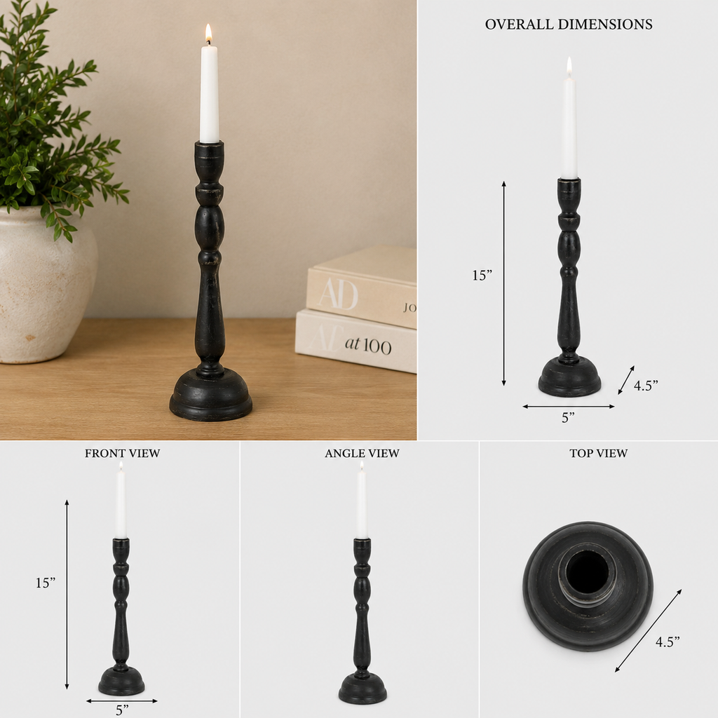 15" Wood Candle Holder - Black