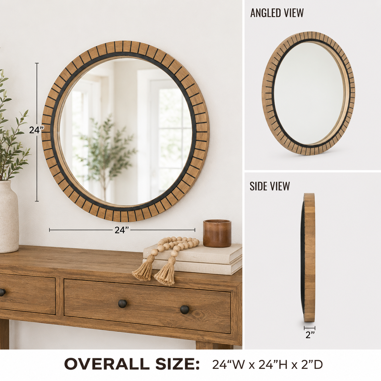 Round wood wall mirror showing the frame profile and construction details
