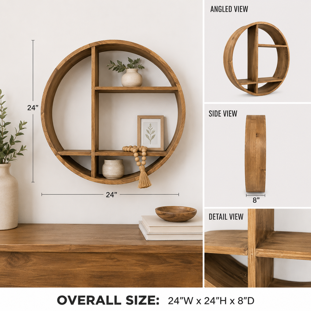 24-inch round natural wood wall shelf styled with decorative accents.