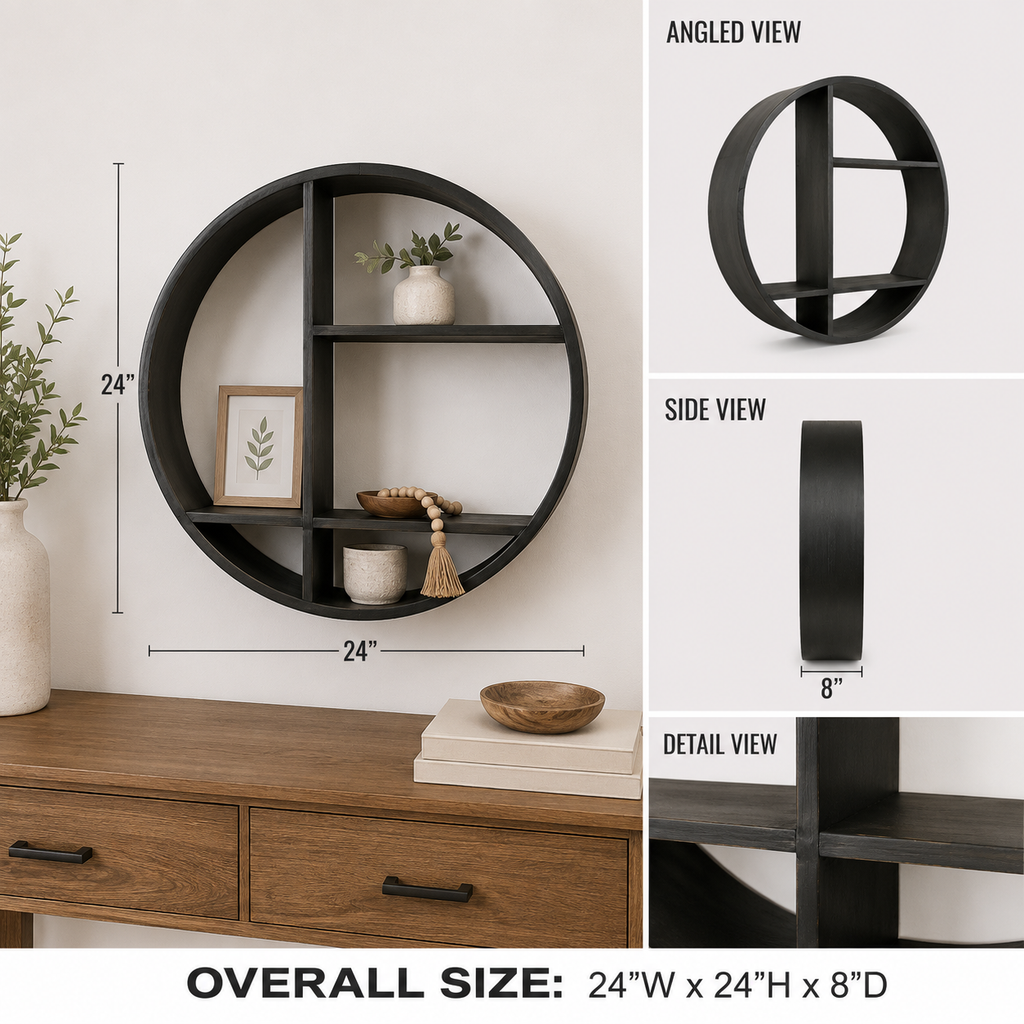 24-inch round black wood wall shelf styled with decorative accents.