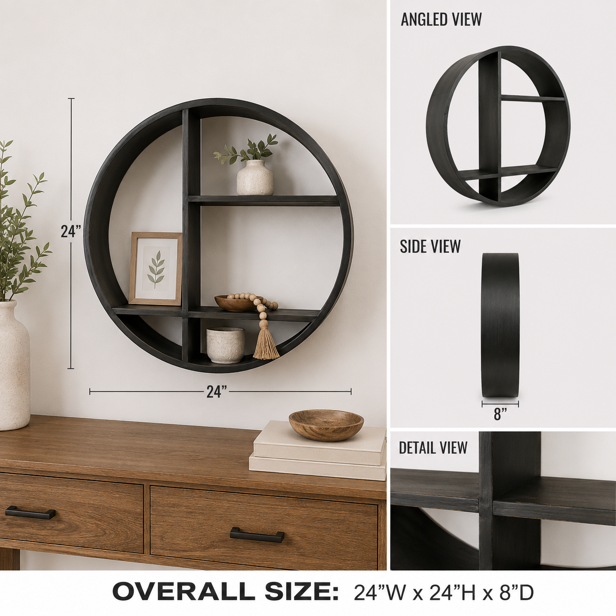 24-inch round black wood wall shelf styled with decorative accents.