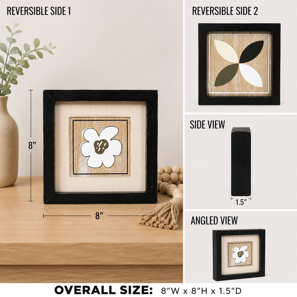 Reversible wood framed sign featuring flower and propeller styled on a shelf or console table.