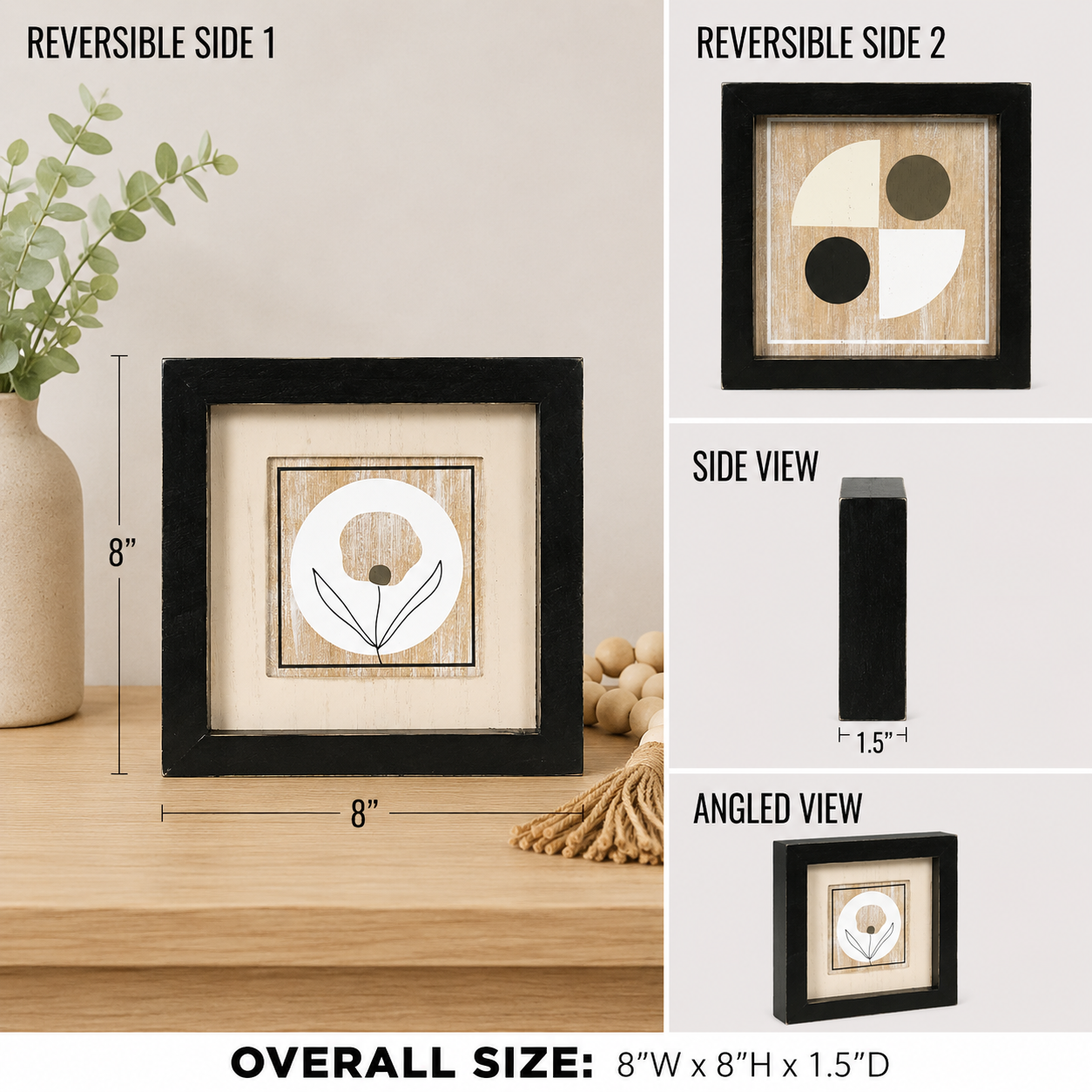 Reversible wood framed sign featuring bloom and target styled on a shelf or console table.