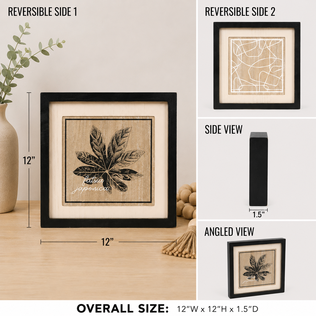 reversible wood framed wall art featuring fatria & abstract displayed in a styled home interior.