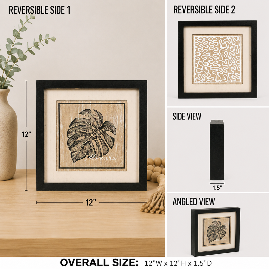 reversible wood framed wall art featuring monstera & squiggle displayed in a styled home interior.