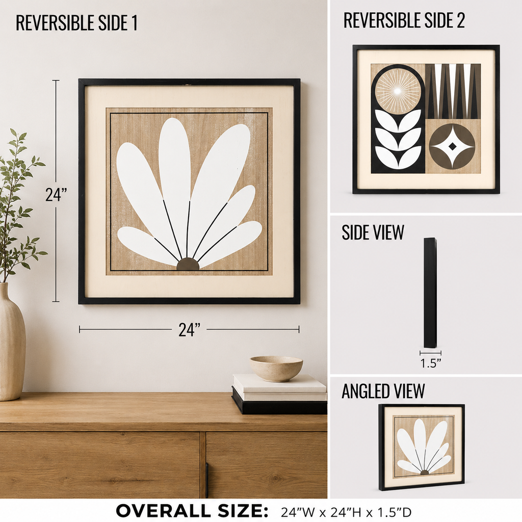 reversible wood framed wall art featuring pattern & floral displayed in a styled home interior.