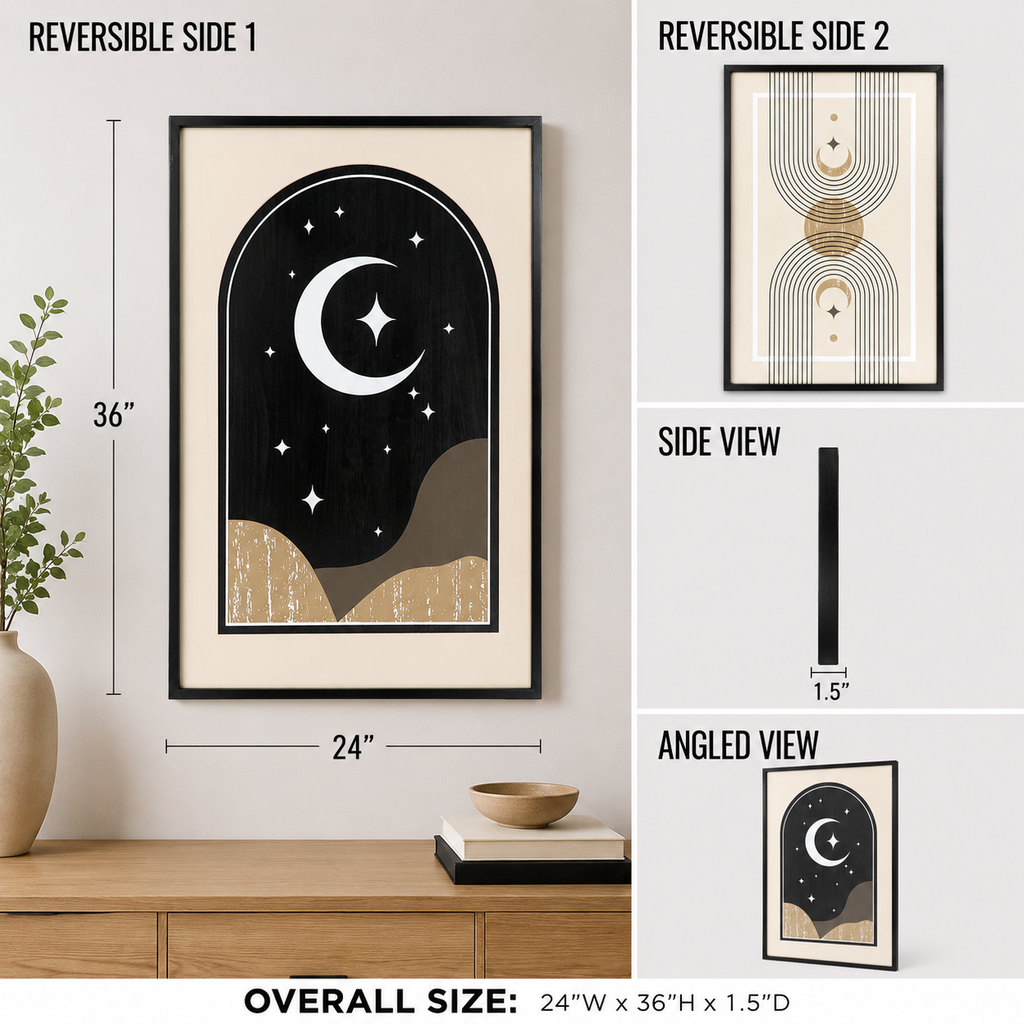 reversible wood framed wall art featuring moon & minimal displayed in a styled home interior.