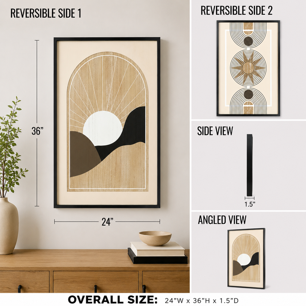 reversible wood framed wall art featuring sun & minimal displayed in a styled home interior.