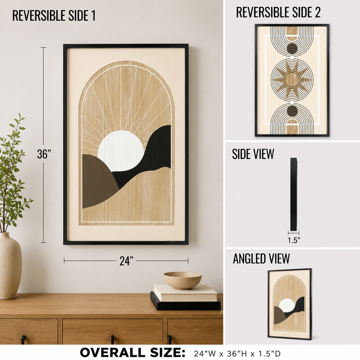 reversible wood framed wall art featuring sun & minimal displayed in a styled home interior.