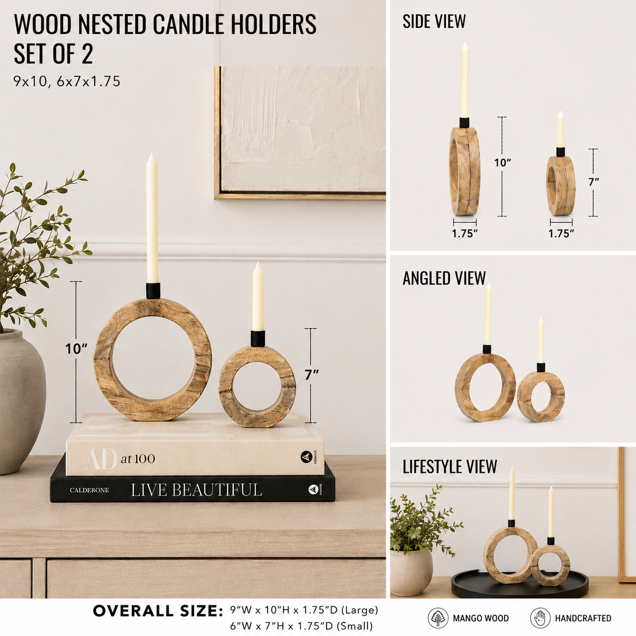 Mango Wood Nested Round Candle Holders - Natural and Black (Set of 2)