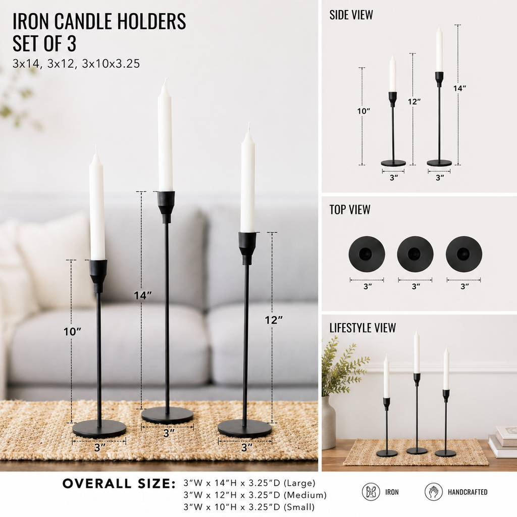 Set of three black iron candle holders in graduated heights