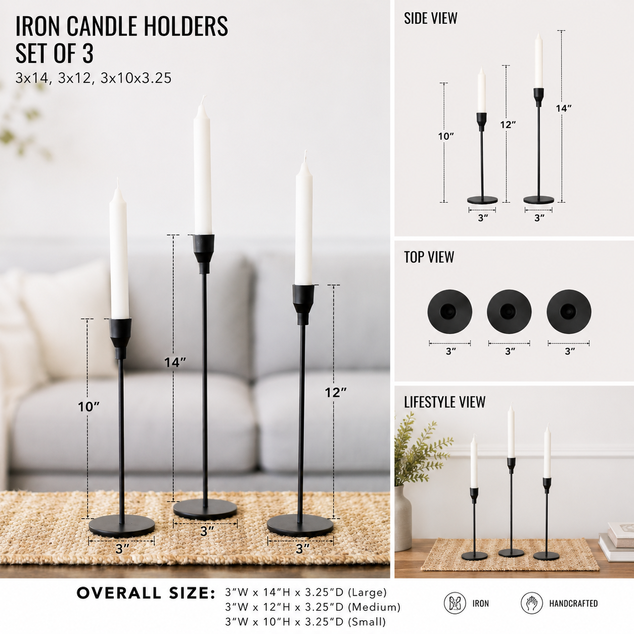 Set of three black iron candle holders in graduated heights