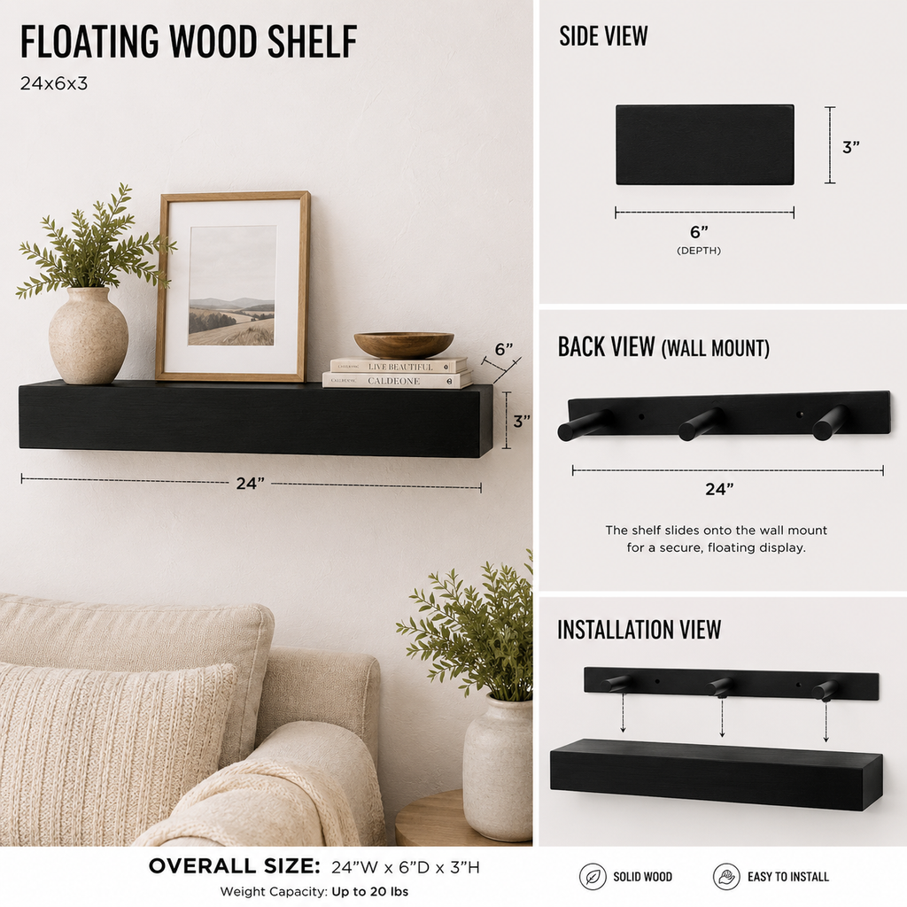 24-inch black wood floating shelf shown from an additional product view