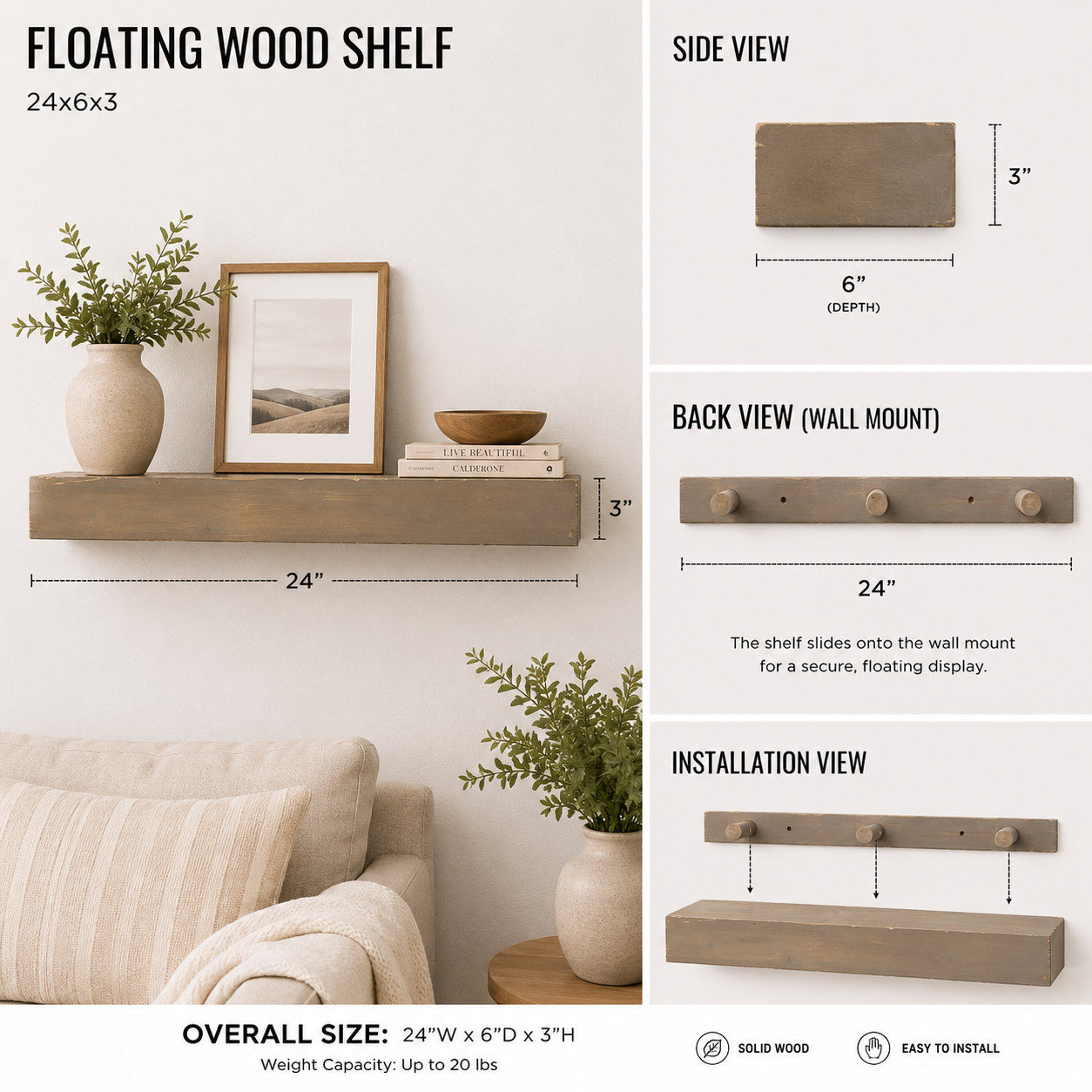 24-inch brown wood floating shelf shown from an additional product view